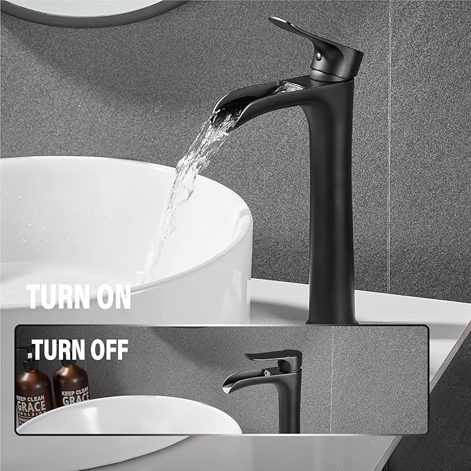 YUNDOOM Vessel Sink Faucet, Matte Black Single Hole Single Handle Tall Bathroom Bowl Sink Faucet,Waterfall Bathroom Faucet