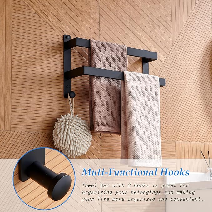 16 Inch Double Towel Bar with Hooks Matte Black, Stainless Steel Bath Shower Towel Rack Wall Mounted Towel Rod Holder for Bathroom