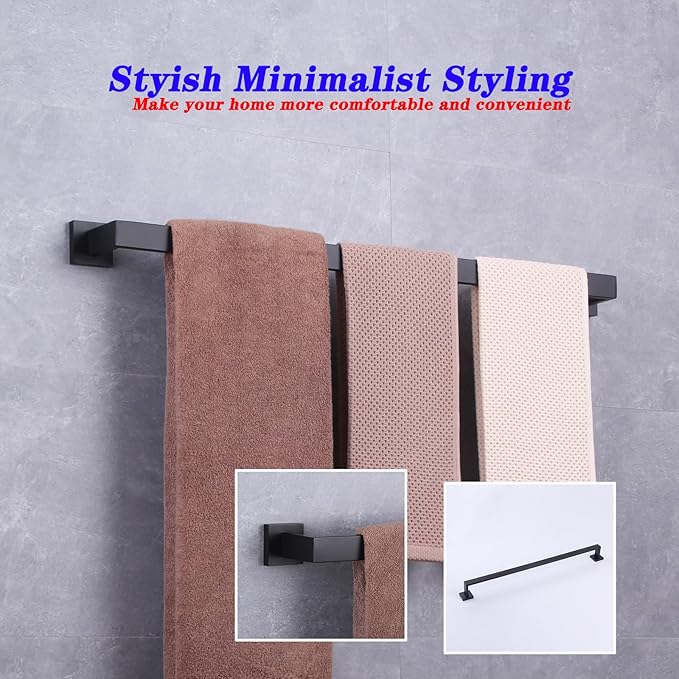 GERZWY 30-Inch Bath Towel Bar Modern Square Style Bathroom Towel Bar SUS 304 Stainless Steel Wall Mount Matte Black FG160175-BK