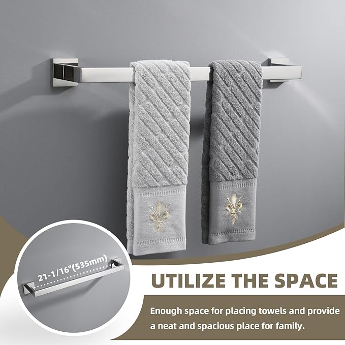 Suyar Polished Chrome Bathroom Hardware Set 4 Pieces, 304 Stainless Steel Bathroom Accessories, Include Robe Hook, Toilet Paper Holder, Hand Towel Holder, Bath Towel Bar