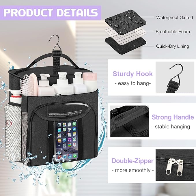 Attmu Mesh Shower Caddy Portable for Dorm College Essentials, Large Capacity Separate Compartment Hanging Toiletry Bag for College Student Camping Gym Travel Essentials (Black)