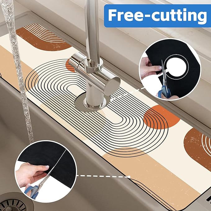 Abstract Minimalistic Geometric Sink Faucet Absorbing Mat Sink Splash Guard Faucet Mat Draining Mat Fast Drying Sink Protectors for Kitchen and Bathroom 5.5"×24"