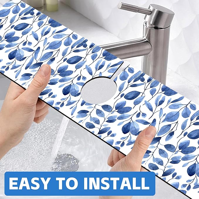 Watercolor Blue Leaves Sink Faucet Absorbing Mat Sink Splash Guard Faucet Mat Draining Mat Fast Drying Sink Protectors for Kitchen and Bathroom 5.5"×24"