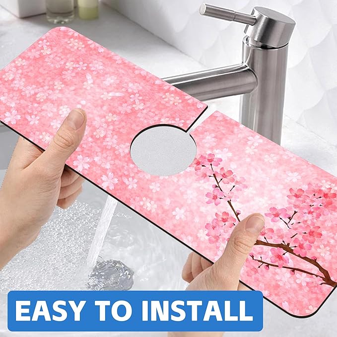 Spring Cherry Blossom Kitchen Sink Splash Guard Absorbent Fast Drying Mat Faucet Draining Guard Behind Faucet Drip Catcher for Kitchen Bathroom 5.5"15"