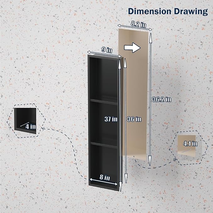Tall Niche Three-Tiered Shelves Embedded in The Wall，Shower Niche No Tile Needed for Bathroom Niche Decor ，Stainless Steel（Black 8"x 36"）