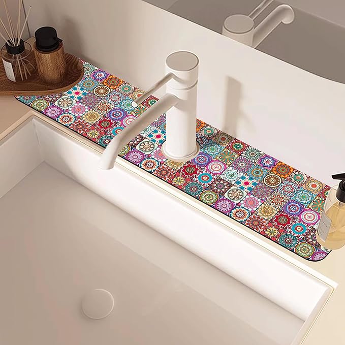 Faucet Draining Mat For Kitchen Sink Mexican Tiles Diatom Mud Absorbent Drain Pad For Bathroom Kitchen Sink Splash Guard Drying Mat 5.5"×24"