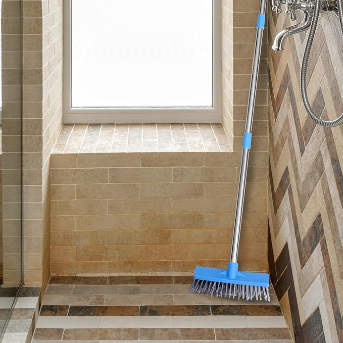 Wide Floor Cleaning Brush with Long Stainless Steel Handle Hard Plastic Bristles for Tile Bathroom Kitchen and Home Floors Ergonomic Design for Grout and Surface Scrubbing in Blue