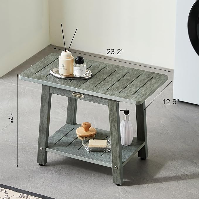 HDPS Shower Bench Seat for Inside Shower, Waterproof Shower Stool for Shaving Legs, Poly Lumber Shower Chair Seat, Bathroom Shower Foot Rest Stool with Storage Shelf, No-Slip, Gray