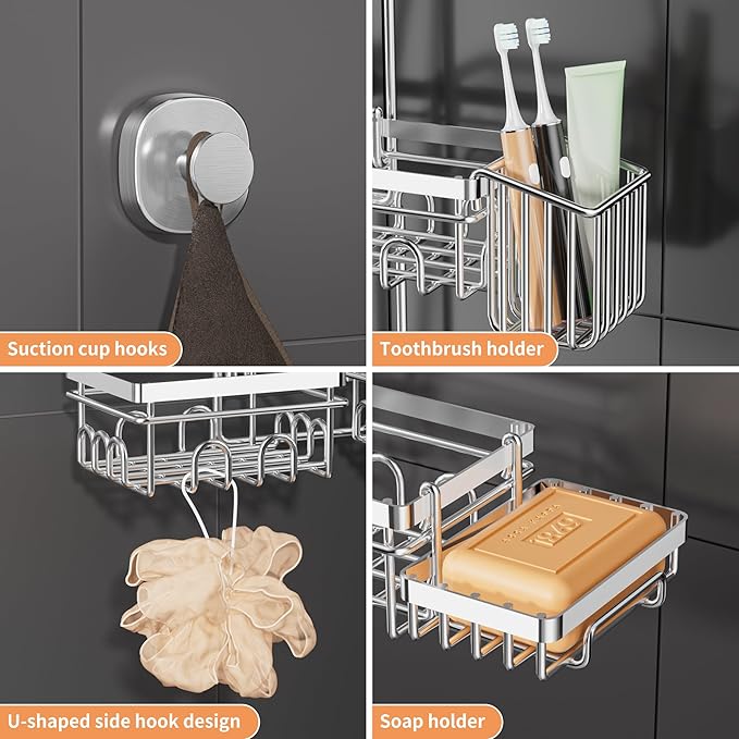Shower Caddy Hanging - Over Shower Head Caddy, 0.82 inch Universal with 2 Shelves, Soap Holder, Toothbrush Holder & Reusable Suction Hook, Complete Silver Bath Organizer Set