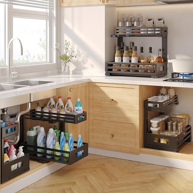 2-Pack Under Sink Organizer and Storage,2-Tier L Shape Pull Out Cabinet Organizer With Round Tube Slide Rails,Hight Adjustable Slide Out Drawers for Kitchen&Bathroom,Multi-Purpose Shelf-Black