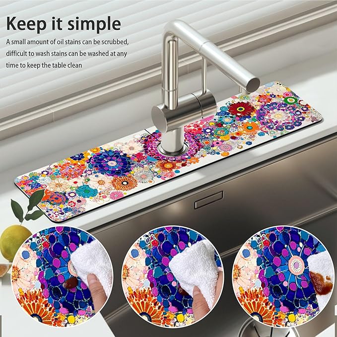 Bimkole 2 PCS Faucet Absorbent Mat, Kitchen Faucet Sink Splash Guard Wraparound Cloth Pads Drip Catcher for Sink Faucet for Kitchen Bathroom Faucet, Colorful Faucet Mat, 15 x 4 Inch Flower A3