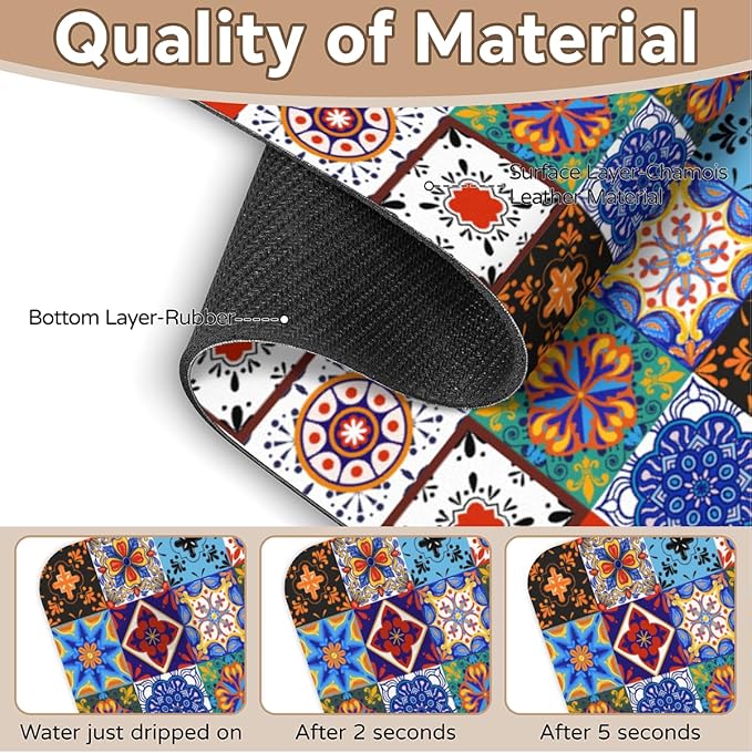 Kitchen Sink Splash Guard Faucet Mat Talavera Mexican Boho 2PCS Absorbent Fast Drying Faucet Guard & Draining Mat Sink Splash Guard Behind Faucet Drip Catcher for Kitchen Bathroom RV (15.4" X 5.7" )