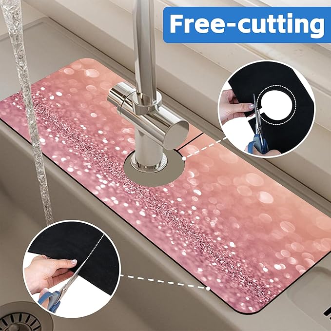Abstract Pink Glitter Diamond Sink Faucet Absorbing Mat Sink Splash Guard Faucet Mat Draining Mat Fast Drying Sink Protectors for Kitchen and Bathroom 5.5"×15"