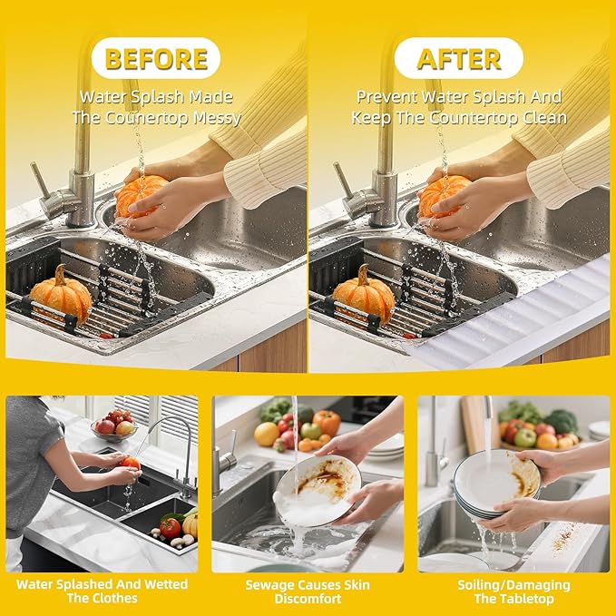 Kitchen Sink Splash Guard with Suction Cups, Kitchen Sink Mat, Non-Slip Silicone Sink Edge Protector, Water Splash Guard for Kitchen, Bathroom, Bathtub (Transparent, 4*24 in)