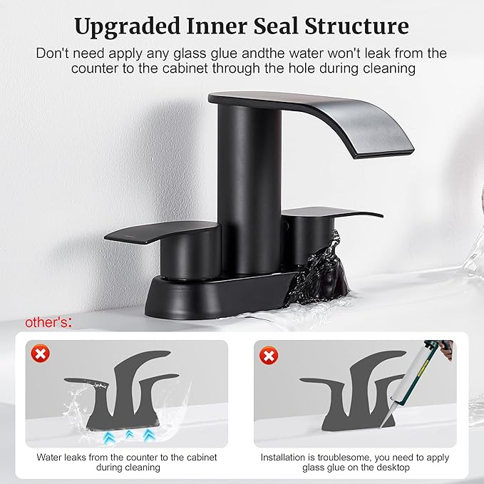 Ultimate Unicorn Black Waterfall Bathroom Faucet, 4 Inch Bathroom Sink Faucet for 3 Hole or 2 Hole, Anti-Splash Design Sink Faucets with Pop Up Drain, Easy Install for Vanity, RV, Lavatory