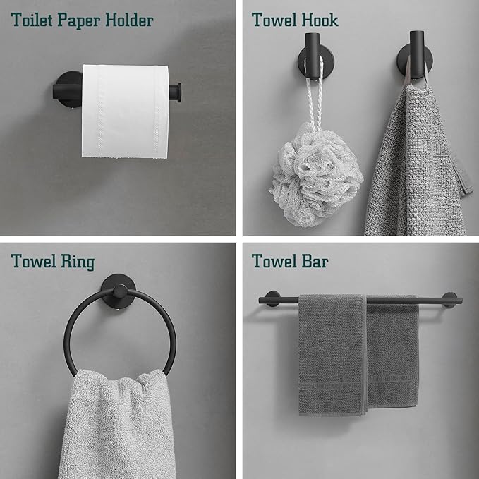 5Pcs Bathroom Hardware Set, Towel Racks for Bathroom Wall Mount, Stainless Steel Towel Bar Set with Toilet Paper Holder Hand Towel Holder Robe Hook Accessory Kit, Matte Black