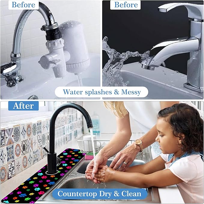 Dog Paw Print Faucet Mat for Kitchen Sink Animal Footprint, Soft Diatom Mud Material, Strong Water Absorption, Non-slip, Easy to Clean for Bathroom, Kitchen 23.5"X5.5"