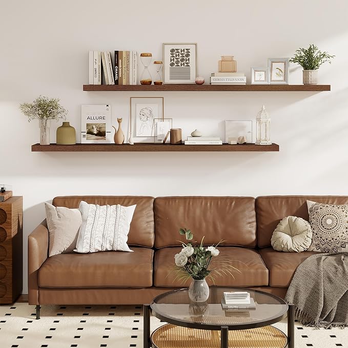 Fun Memories 72 Inch Floating Shelves for Wall 8 Inch Deep Walnut Shelves Set of 2, Wall Mounted Rustic Wood Long Floating Shelf, Large Display & Storage Shelf with Invisible Brackets