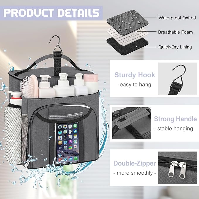 Attmu Mesh Shower Caddy Portable for Dorm College Essentials, Large Capacity Separate Compartment Hanging Toiletry Bag for College Student Camping Gym Travel Essentials (Gray)