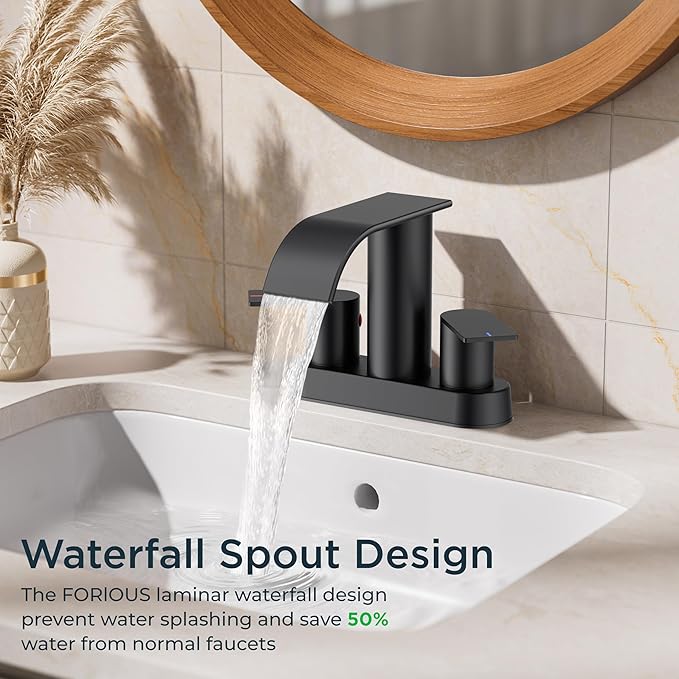FORIOUS Matte Black Bathroom Faucets, Waterfall 4 Inch Centerset Bathroom Sink Faucet with Metal Pop up Drain and cUPC Hose for Basin, Vanity, RV, Pedestal 2 or 3 Hole Sink