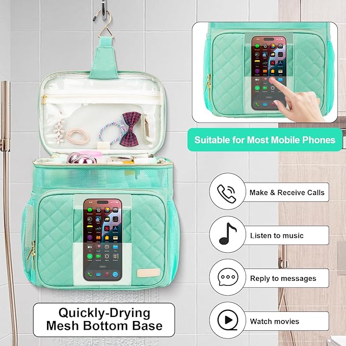 Portable Shower Caddy (Full Size Bottle Compatible),Travel Shower Tote Bag with Quick Dry Mesh Base,Hanging Toiletry Cosmetic Bag for Gym,College,Camping & Dorm, Mint Green