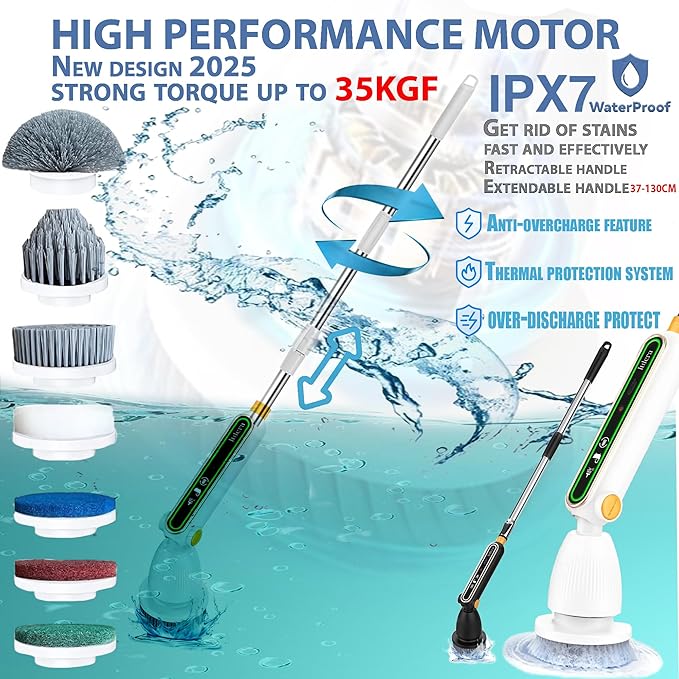 Smart Electric Spin Scrubber PRO| 2025 New Upgraded Quiet Cordless Shower Scrubber with 8 Replaceable Brush Heads|IPX7 Waterproof for Bathroom Tile Grout Kitchen Oven & Floor|Powerful and Efficient