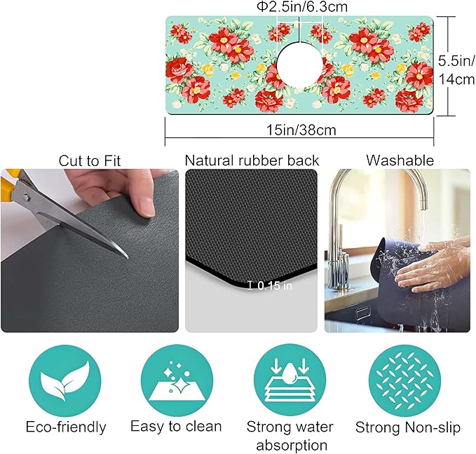Kitchen Sink Splash Guard Faucet Mat -1 PC Super Absorbent Fast Drying Mat Sink Gadgets-Splash Guard Behind Faucet Drip Catcher for Kitchen, Bathroom,Sink Mat, Dish Drying Mat, Bathroom(15" X 5.5" )