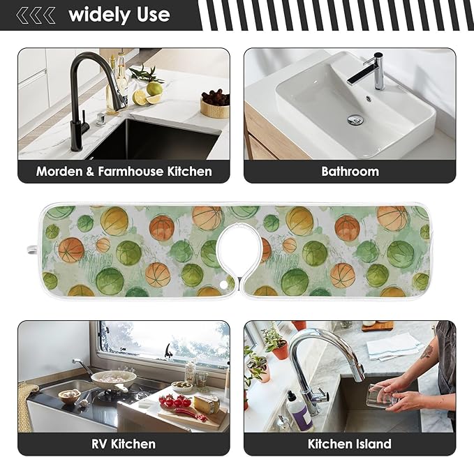2 PCS Kitchen Sink Splash Guard 23.6 Inch Faucet Mat for Kitchen Sink Bathroom Sink Faucet Absorbing Drip Drain Mat Pad Microfiber Soft Washable Orange and Green Basketball Stars