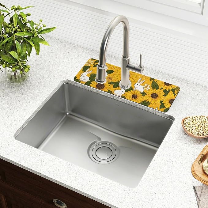 Autumn Sunflower and Cute Rabbit Kitchen Sink Splash Guard Sink Faucet Mat Faucet Handle Drip Catcher Drain Mats for Kitchen Bathroom Countertop Absorbent Dish Drying Pad 2Pack 14.7x5.4IN