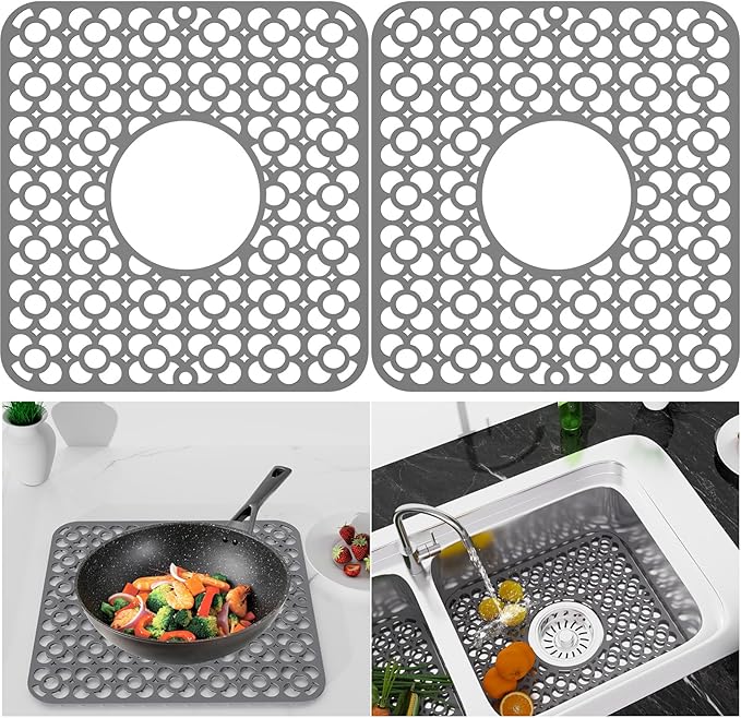 TOOVEM 2PCS Kitchen Sink Mats, Sink Protectors for Kitchen Sink, 11.5 x12.25 Inch Silicone Heat Resistant Non-Slip for Bottom of Kitchen Stainless Steel Sink Mats, Grey