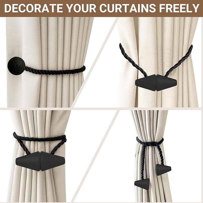 Hion Magnetic Curtain Tiebacks Black 2pcs, Curtain Tiebacks Buckles Holdbacks Holders Hooks Clip for Home Bedroom Office Decorative Curtain