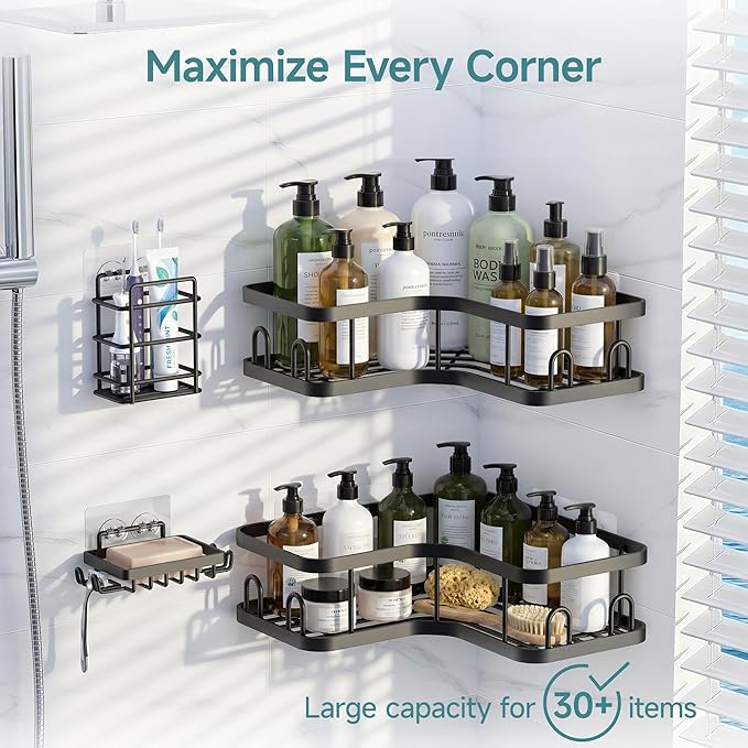 Veken Corner Shower Caddy 4-Pack, Advanced Rustproof Design, No Drilling Adhesive Shelves, Rack with Soap Holder, Large Capacity Bathroom Organizers and Storage, Wall-Mounted Kitchen & Home Decor