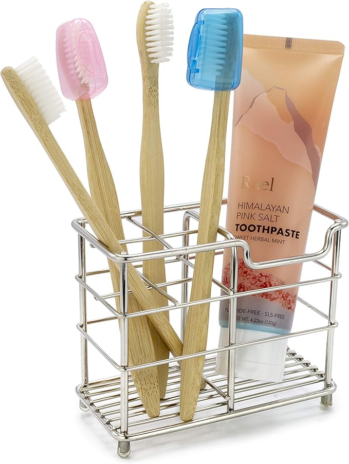 Brookstone Minimalistic Toothbrush Holder for Bathroom, Holds Regular & Electric Brushes, Anti-Rust Stainless Steel Constructions, Quick Dry Open-Air Ventilated Design. Bonus: 5 Protective Covers