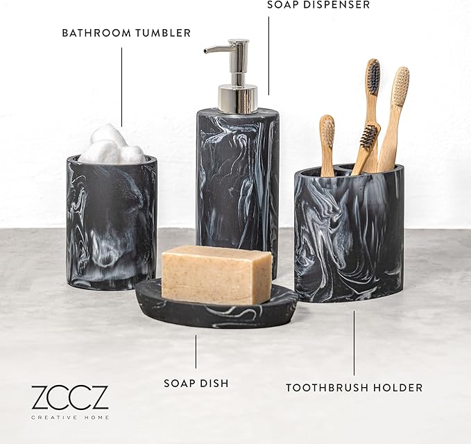 ZCCZ Bathroom Accessories Set, 4-Piece Marble Pattern with Soap Dispenser, Toothbrush Holder, Tumbler, and Soap Dish for Modern Bath Décor, Elegant and Durable Design for Home or Office Bathrooms