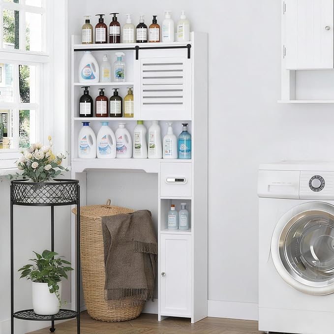 Over The Toilet Storage Cabinet, Bathroom Storage Cabinet Organizer, Above Toilet Rack with Door and Adjustable Shelves, Space Saver for Restroom, Laundry (White Left Side)