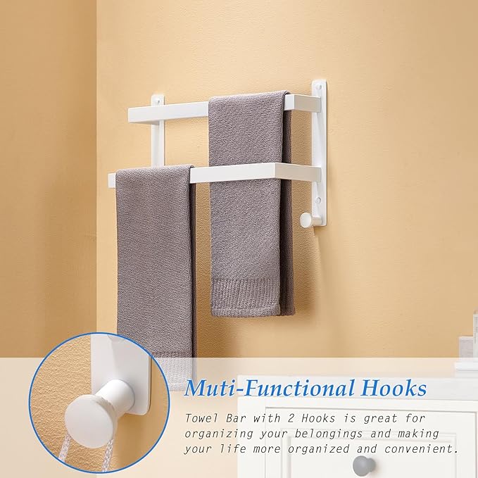 16 Inch Double Towel Bar for Bathroom with Hooks SUS 304 Stainless Steel Bath Towel Rack Wall Mounted White Finished