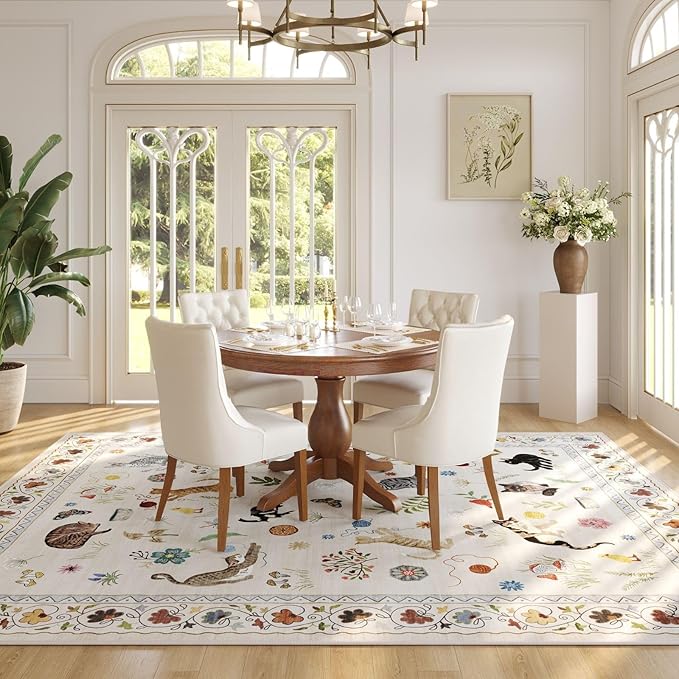 Rugcomf Living Room Rug 5x7 Rug Machine Washable Boho Area Rug Non Slip Floral Animal Cat Vintage Low Pile Large Rugs for Living Room Bedroom Farmhouse Dining Room Kids Playroom, Beige