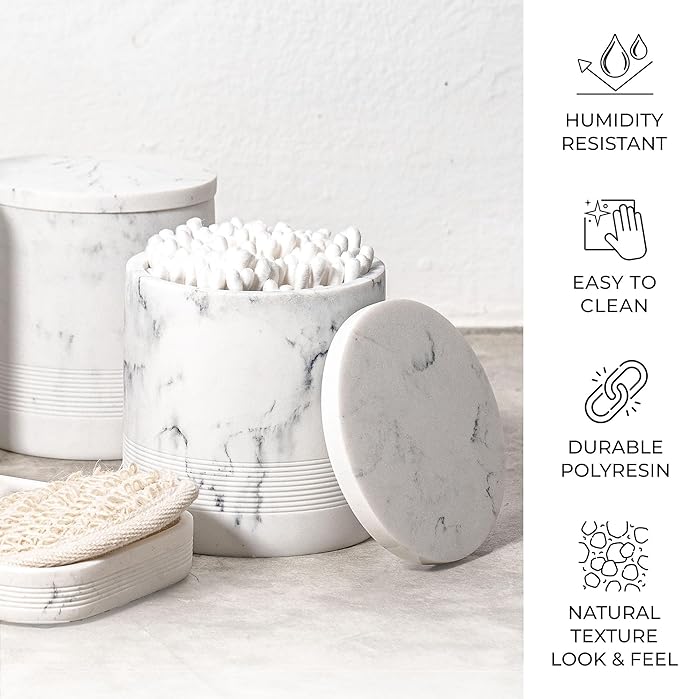 ZCCZ White Marble Bathroom Accessories Set 6 Pieces - Toothbrush Holder, Lotion Dispenser, Qtip Container, Vanity Tray, Tumbler - Countertop Organizer for Bathrooms - Elegant and Functional Décor Set