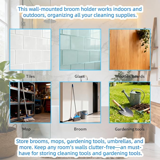 Broom and Mop Holder, 2 Pcs Wall Mount Mop Organizer Gripper Self Adhesive Anti-Slip Cleaning Suppliers Hanger Stands Rack for Bathroom, Garden, Kitchen, Garage Organization Storage