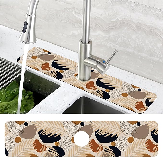 Boho Tropical Leaves Kitchen Sink Splash Guard Mat Absorbent Fast Drying Mat Faucet Draining Mat Sink Splash Guard Behind Faucet Drip Catcher for Kitchen Bathroom 5.5"×24"