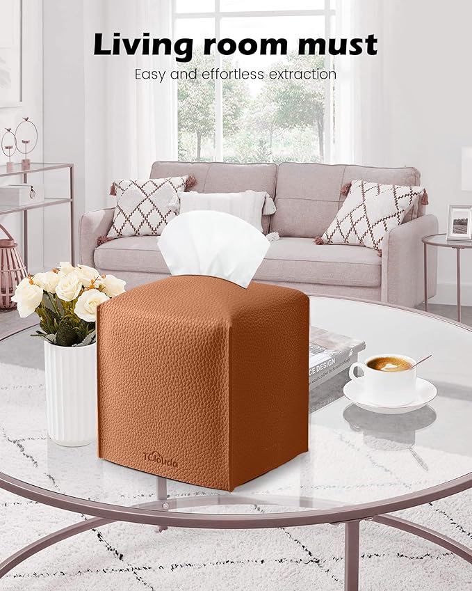 Tissue Box Cover for PU Leather, Modern Simple Solid Color Holder Square Tissue Bag, Ideal for Bathrooms,Office,Car,Nightstand,Outdoor Tent,Dining Table,5"X5"X5", Double Camel