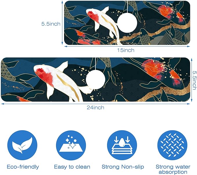 Oriental Japanese Koi Fish Sink Faucet Absorbing Mat Sink Splash Guard Faucet Mat Draining Mat Fast Drying Sink Protectors for Kitchen and Bathroom 5.5"×15"