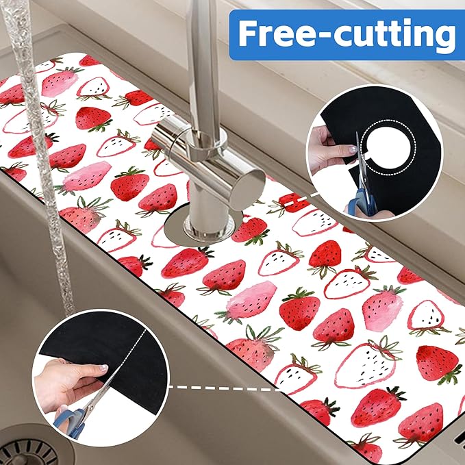 Watercolor Strawberry Kitchen Sink Splash Guard Absorbent Fast Drying Mat Faucet Draining Guard Behind Faucet Drip Catcher for Kitchen Bathroom 5.5"24