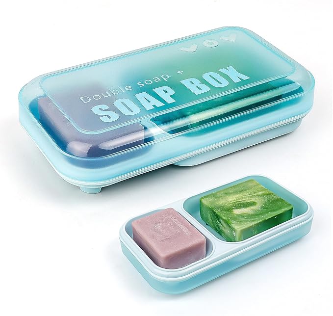 Extra Large Double Soap Dish with Lid, Self Draining Soap Holder and Saver for Bathroom Shower, Soap Box for Bar Soap, Shampoo and Conditioner Bars Drip Tray (Light Blue)
