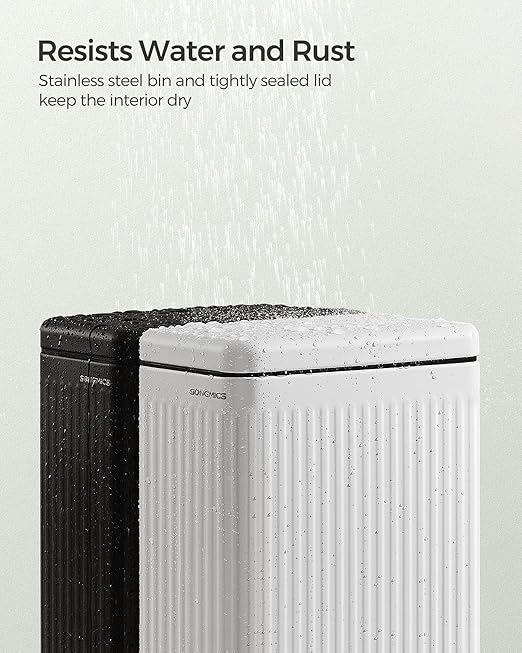 SONGMICS Bathroom Trash Can, 2.6-Gallon (10 L) Trash Bin with Lid, Slim for Small Spaces, Stainless Steel Garbage Can, Soft Close, White ULTB562W01