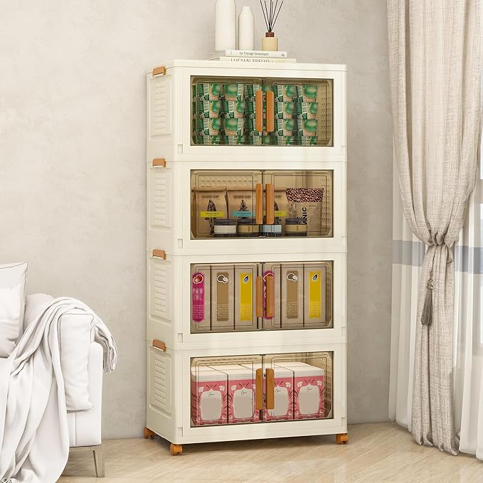 Plastic Stackable Storage Bins with Lids and Wheels, 358.4QT-89.6QT*4Tier Foldable Closet Organizers and Containers, Collapsible Clear Drawer Storage Cabinet with Doors Ivory White