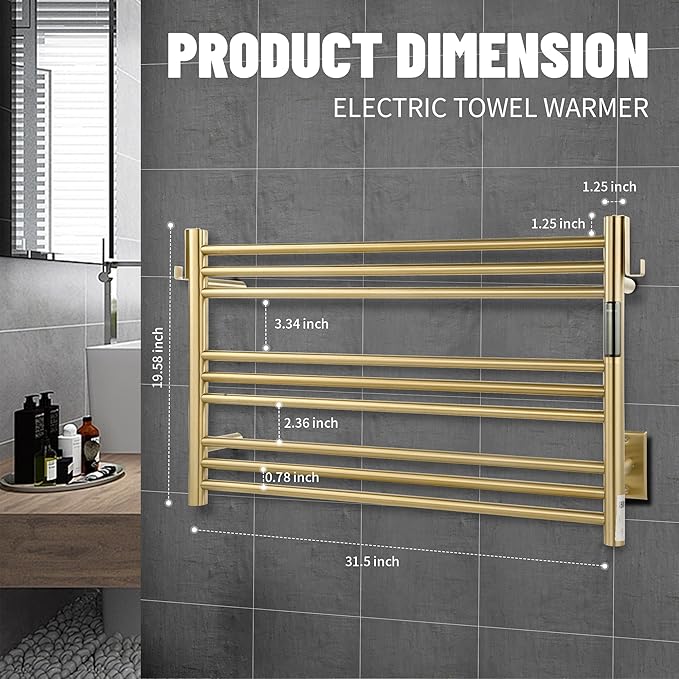K&KALONZO Towel Warmer for Bathroom, Wall-Mounted 9-Bar Heated Towel Rack with Built-in Timer, Waterproof Electric Towel Heater, Support Plug-in and Hardwired, Brushed Gold, EL13M