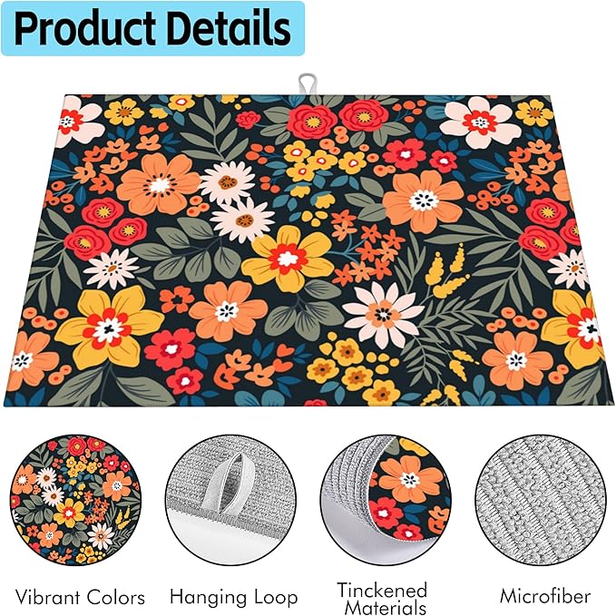Large Dish Drying Mat for Kitchen Counter,18"X24" Colorful Flowers And Plants Absorbent Reversible Microfiber Dish Drying Mat Dish Drainer Mat,Dishes Mat Drying Pad for Kitchen Countertop Coffee Bar