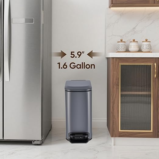 6 Liter 1.6 Gallon Small BathroomTrash Can with Soft Lid Garbage Can with Removable Inner Bucket Dust Bin Waste Bin Bathroom Garbage Can Pedal Powder Coated Metal Grey