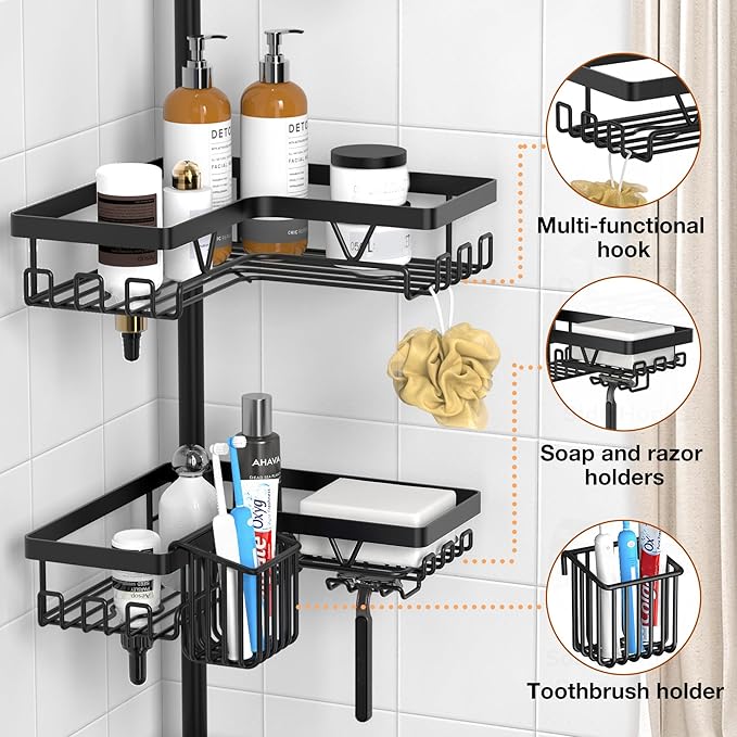 KEGII Corner Shower Caddy Tension Pole, Bathroom Shower Organizer with Toothbrush Holder, No Drilling Bathtub Shelf for Inside Shower, Rustproof Bathroom Tub Organizer, Adjustable 25-114.2 Inch